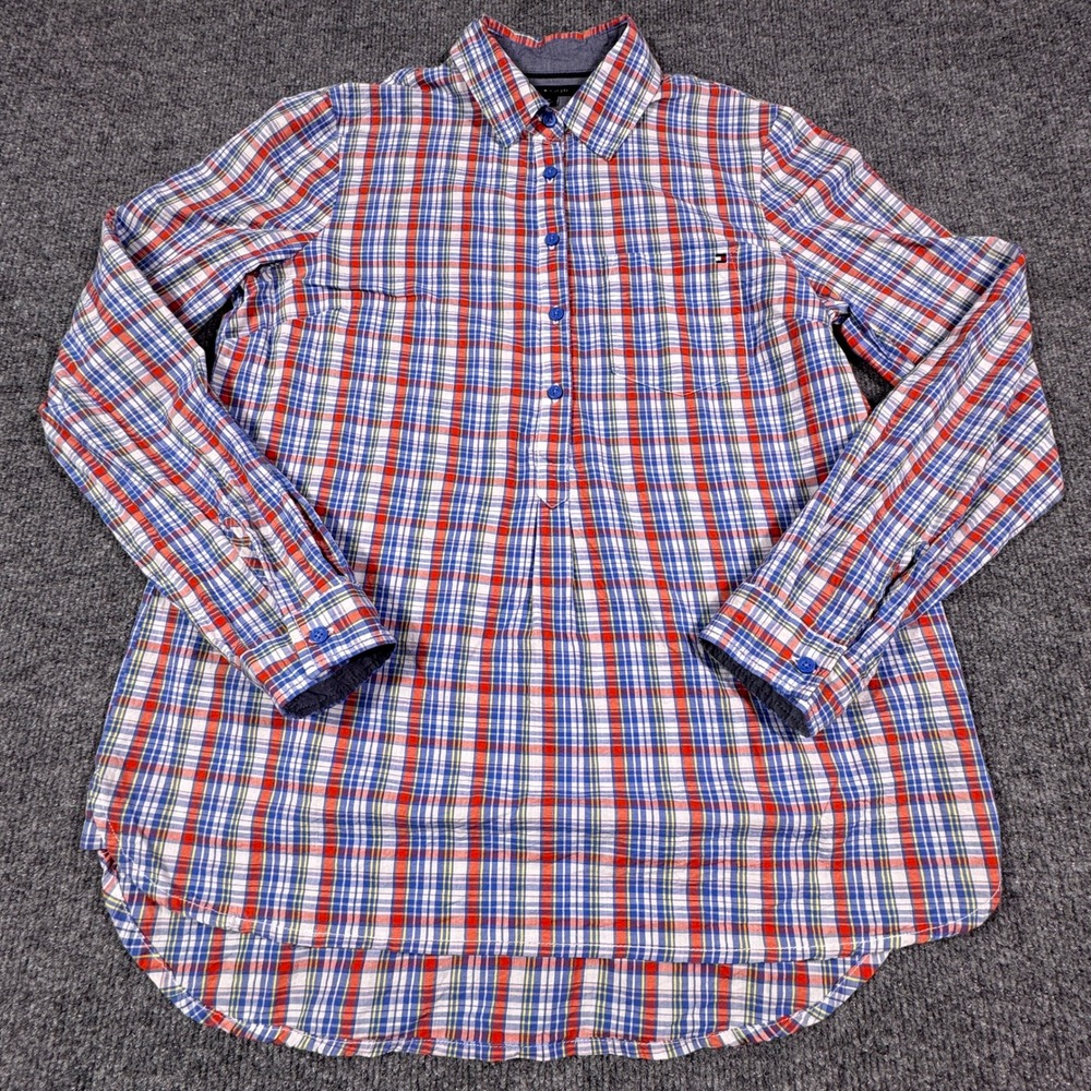 Tommy Hilfiger Womens Blue Red Plaid Cotton‎ Roll Tab Popover Shirt Small